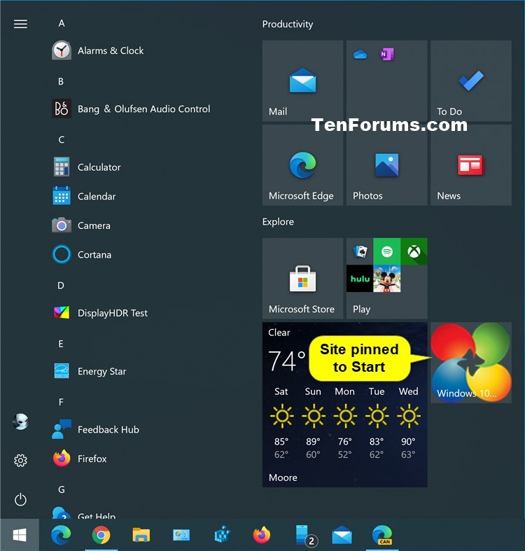 Pin Sites to Start Menu with Microsoft Edge Chromium in Windows 10