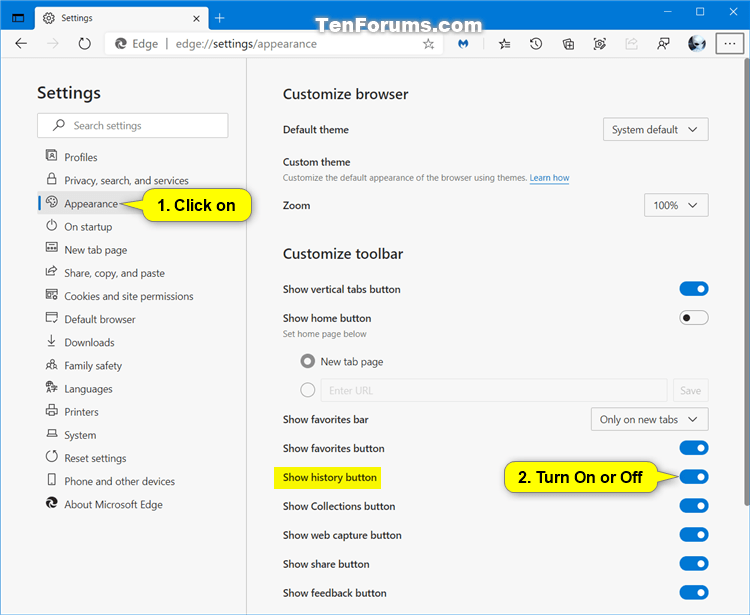 Add or Remove History Button on Toolbar in Microsoft Edge Chromium