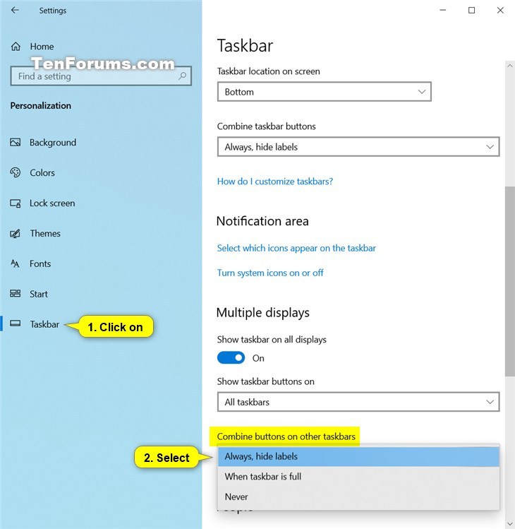 Always, Sometimes, or Never Combine Taskbar Buttons in Windows 10