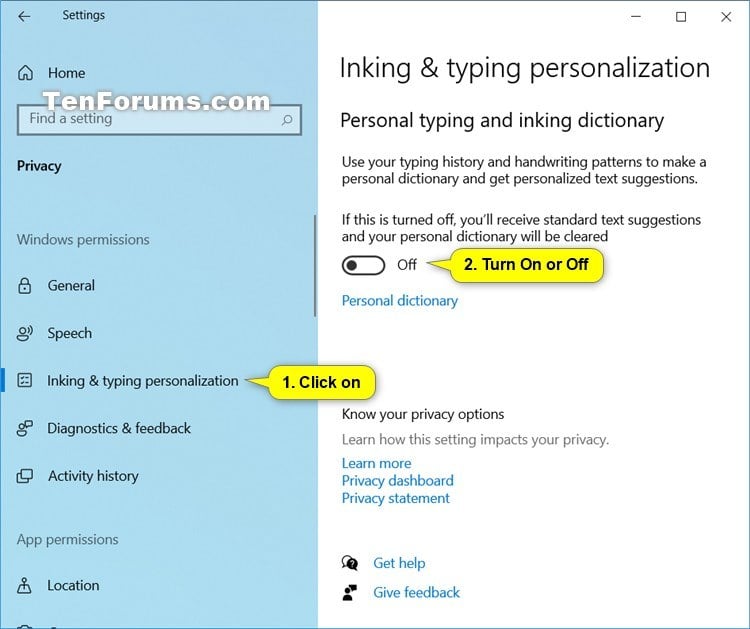 How to Turn On or Off Inking and Typing Personalization in Windows 10