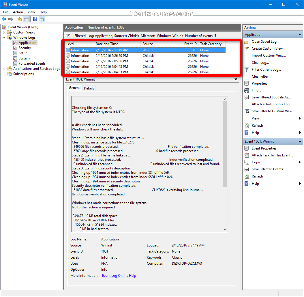 Read Chkdsk Log in Event Viewer in Windows 10 Tutorials