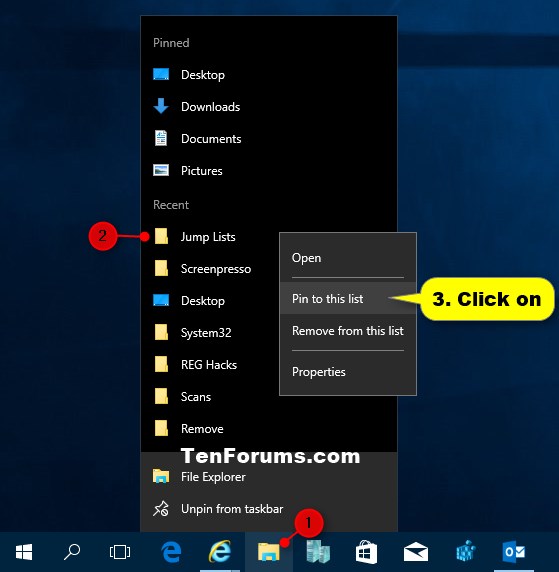 Pin or Unpin Items on Jump Lists in Windows 10 Tutorials