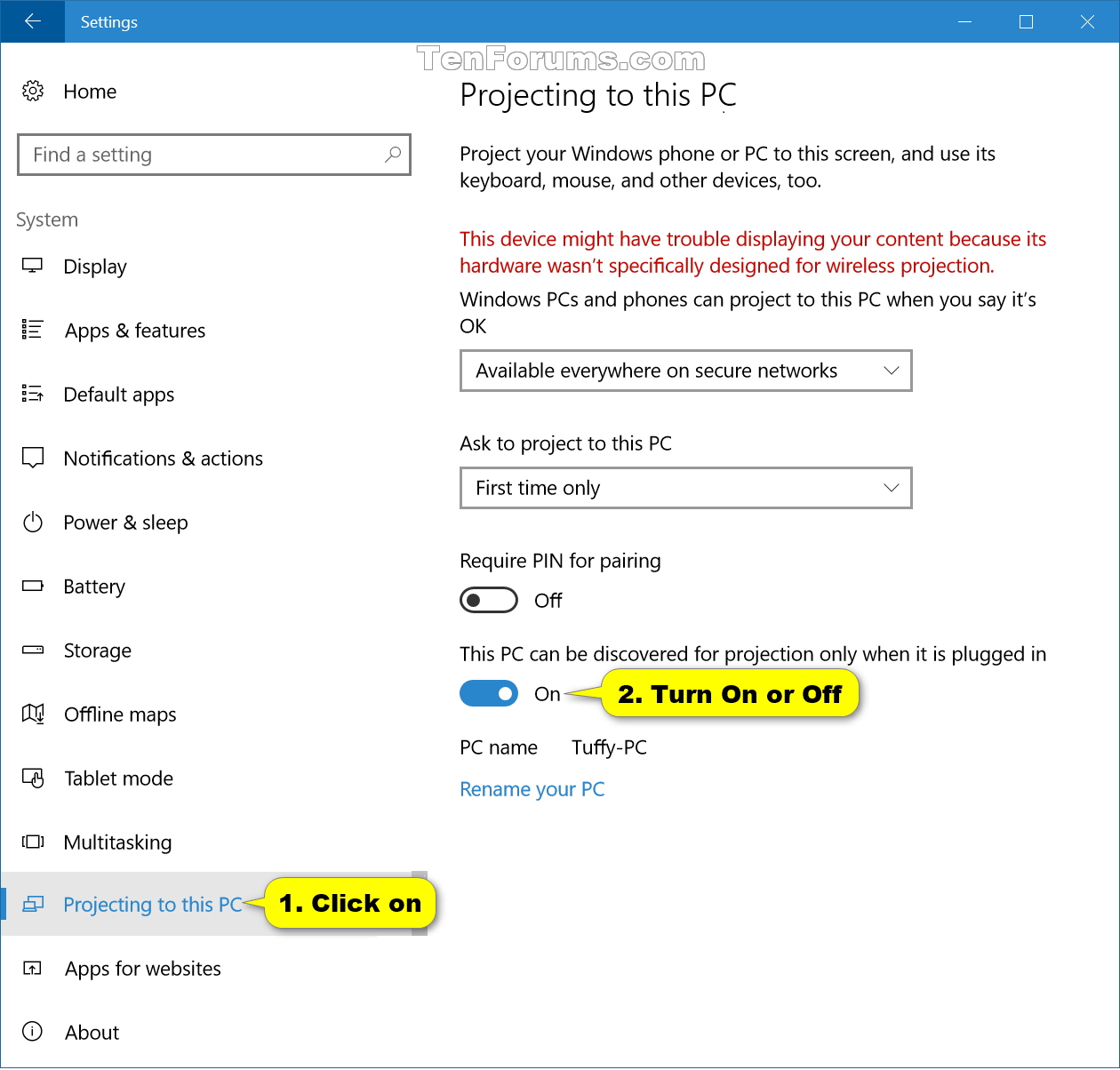 Turn On/Off Projecting to this PC Only when Plugged In in Windows 10 Tutorials