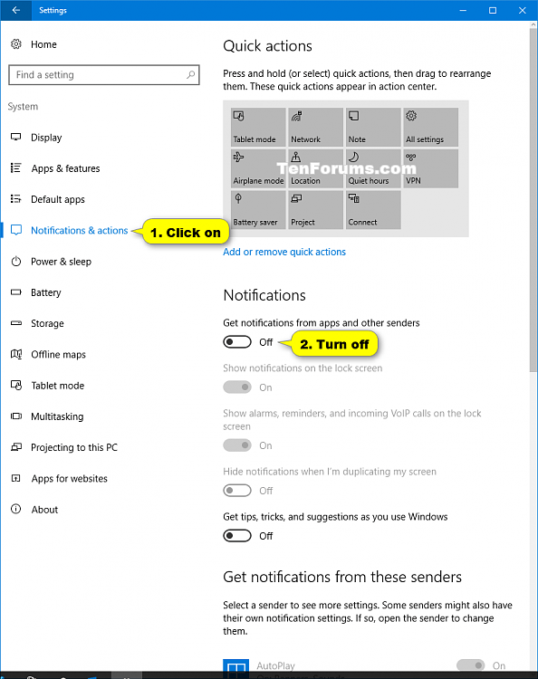 Turn On or Off Notifications from Apps and Senders in Windows 10