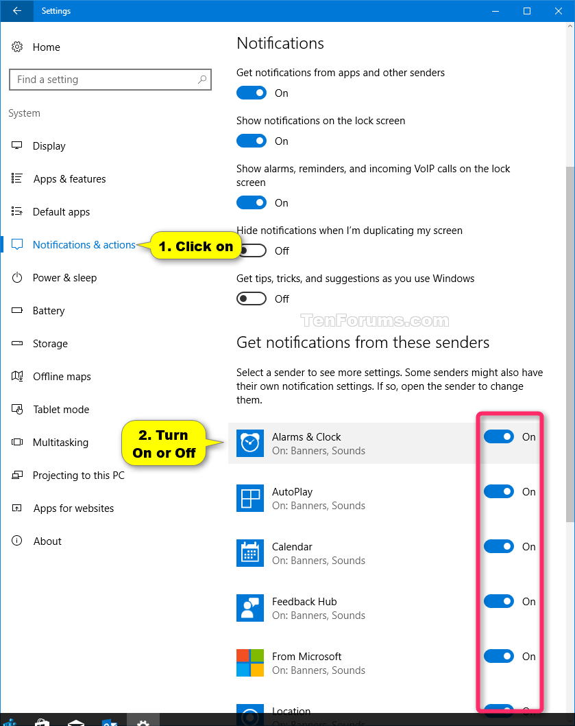 Turn On or Off Notifications from Apps and Senders in Windows 10