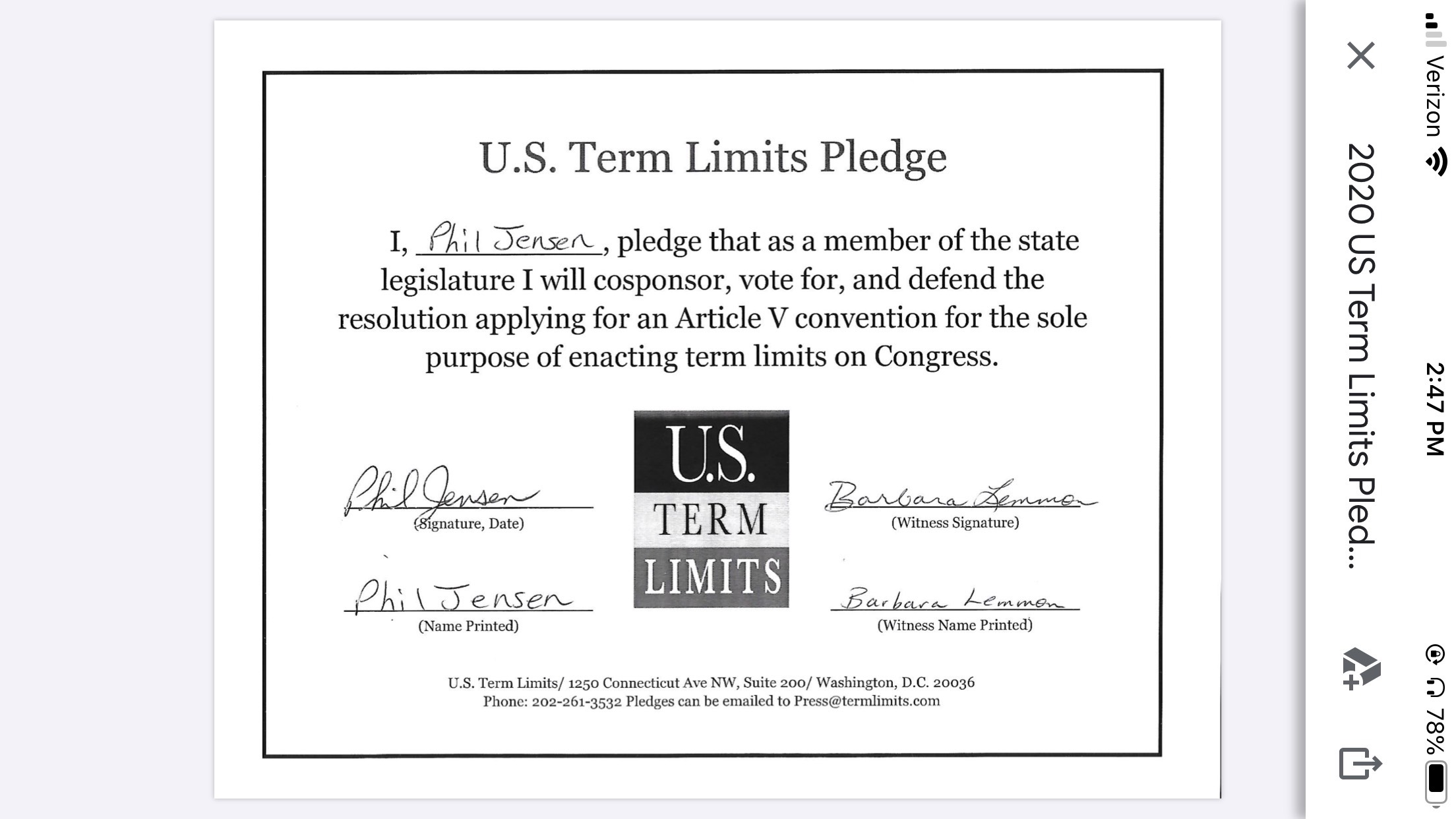 Taffy Howard Pledges to Support Congressional Term Limits U.S. Term