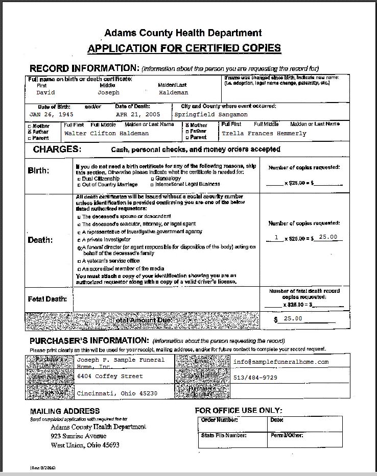 » Death Certificate Application Adams County, Ohio