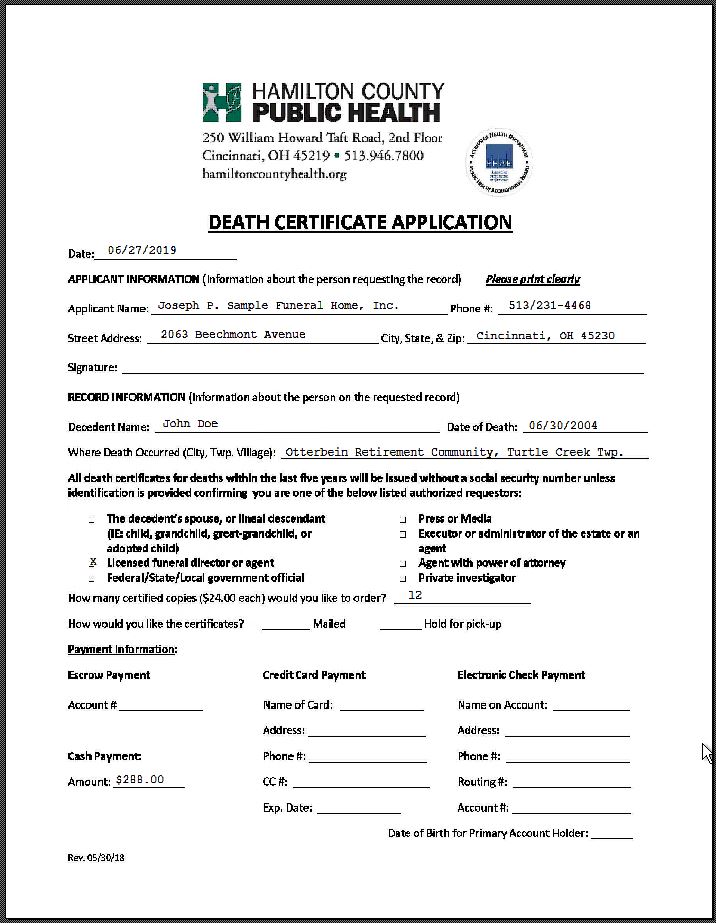 » Death Certificate Application Hamilton County, Ohio