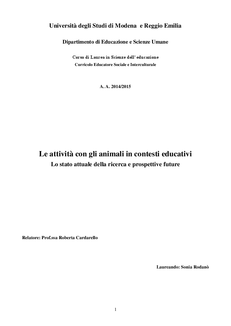 Le Attività Con Gli Animali In Contesti Educativi. Lo Stato Attuale Della Ricerca E Prospettive Future - Preview - Pagina 1 Di 6 - Tesionline 1122_x_794_png