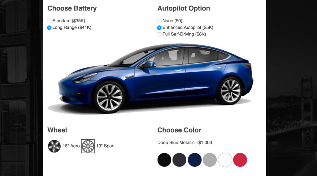 Tesla Model 3 Cost Estimator computes actual cost after options and tax