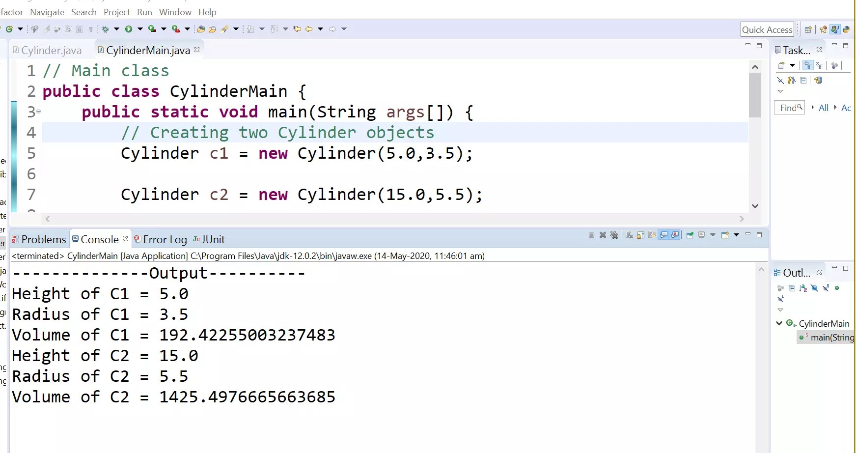 Cylinder class java program demo.