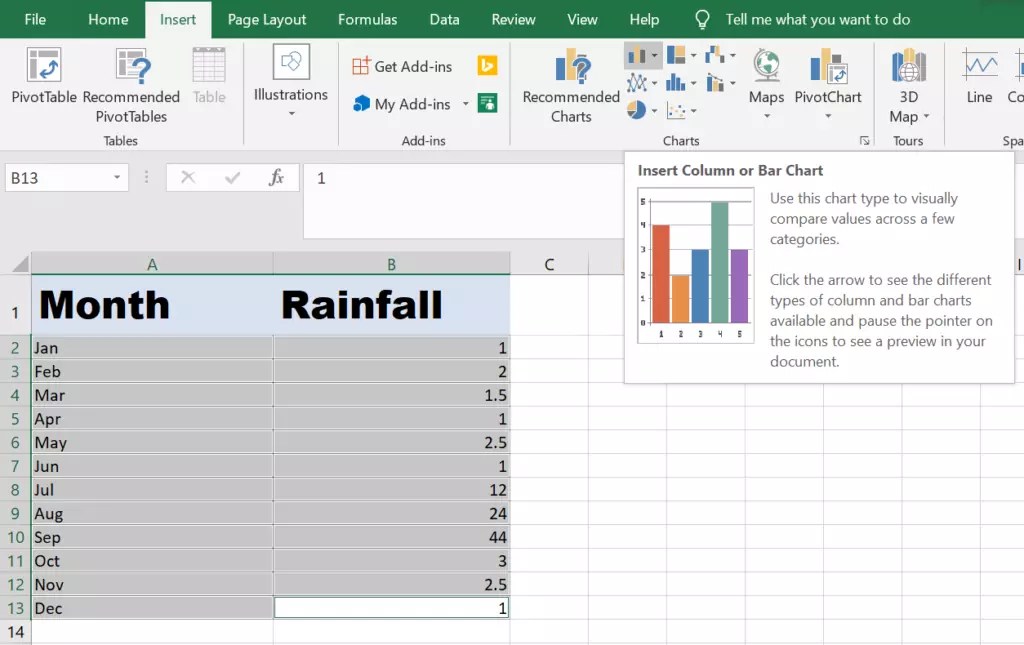 How to add a Bar Chart in Excel