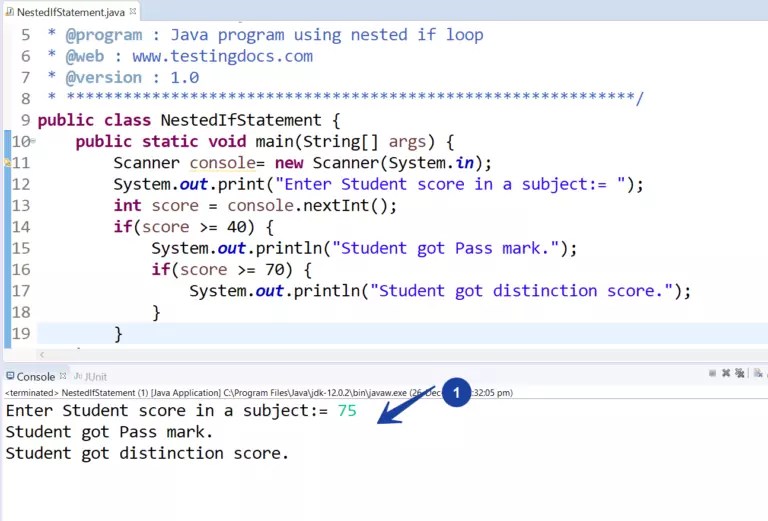 Java program for nested if statement