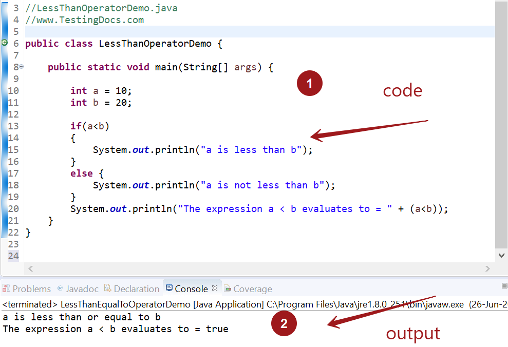 Relational operator less than in java TestingDocs