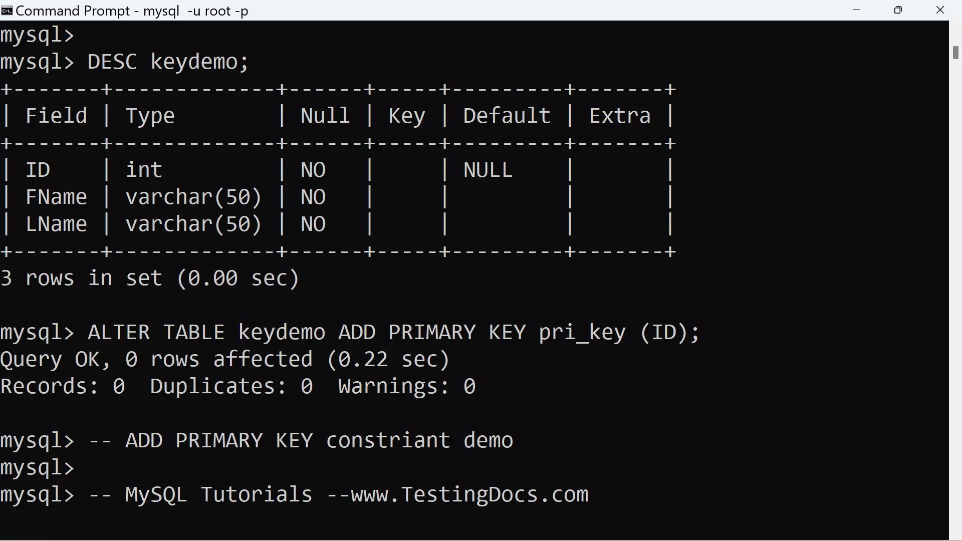 Mysql Set Primary Key Of Table