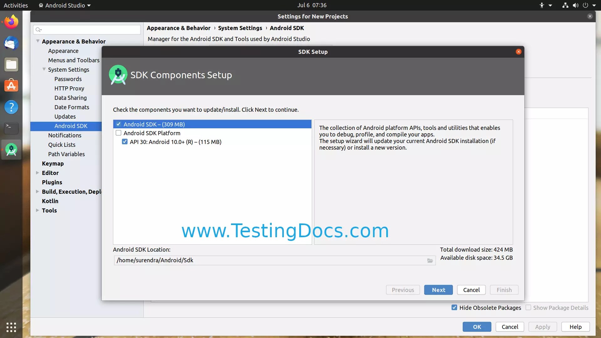 Android Studio New Project Settings on Ubuntu