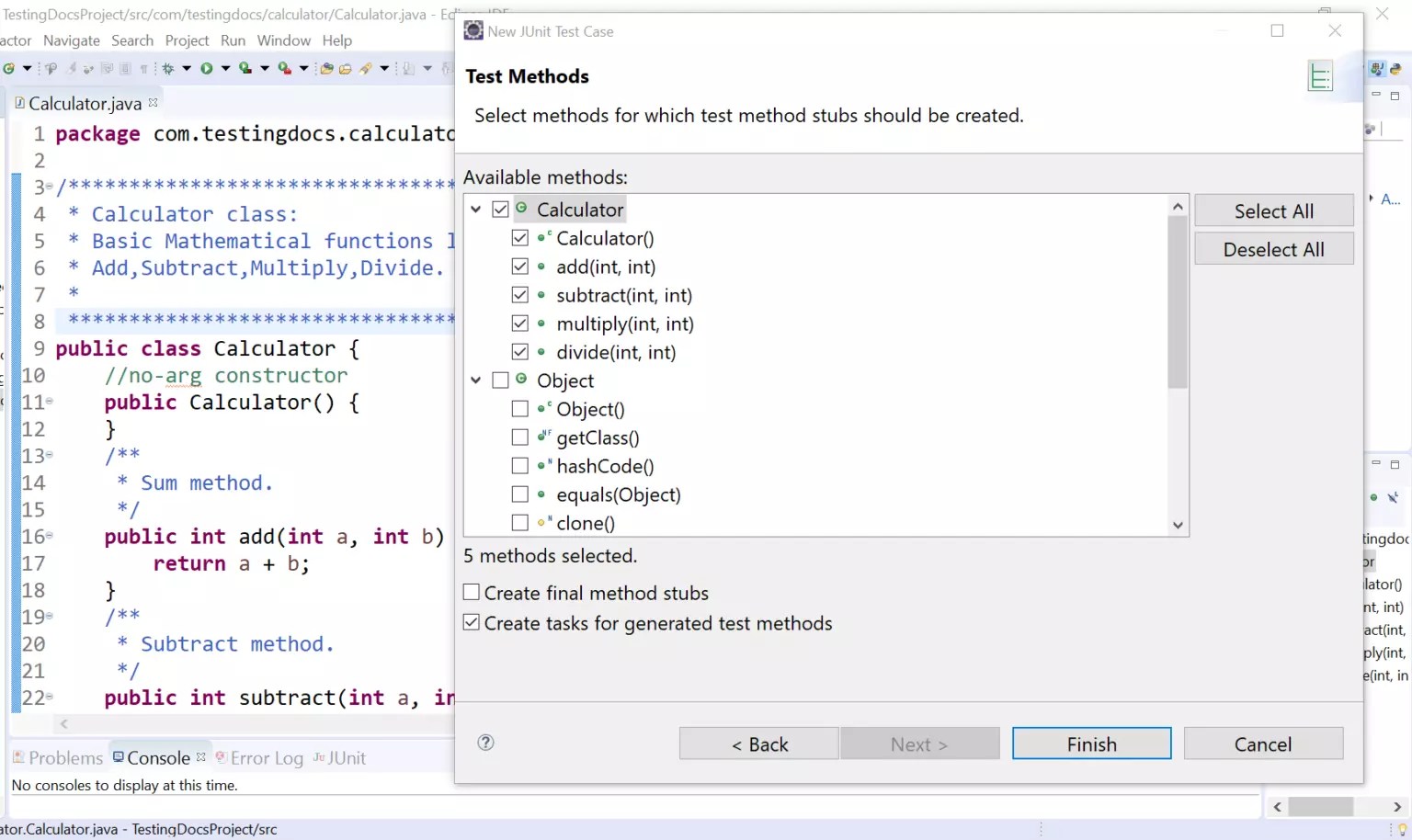 Adding Calculator Test Methods in Eclipse