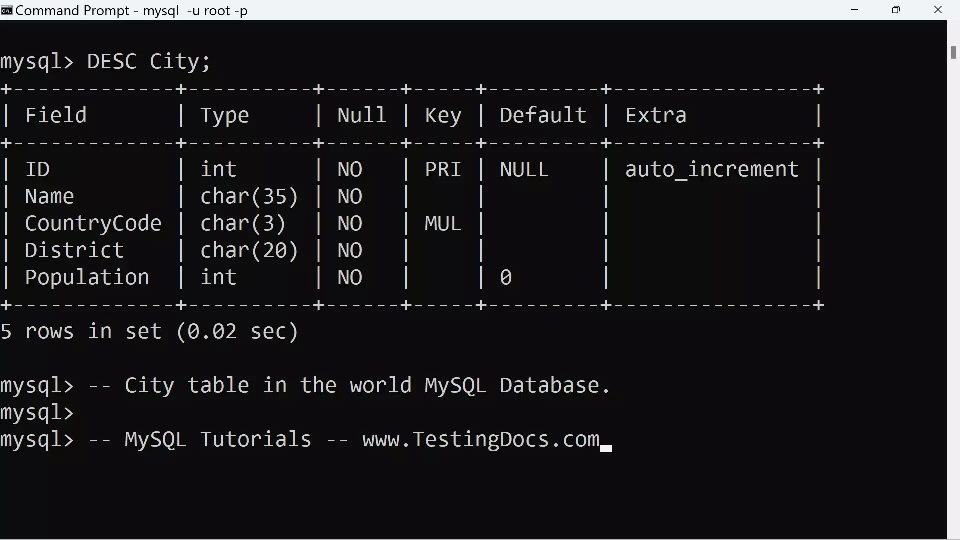 MySQL world Database Tables