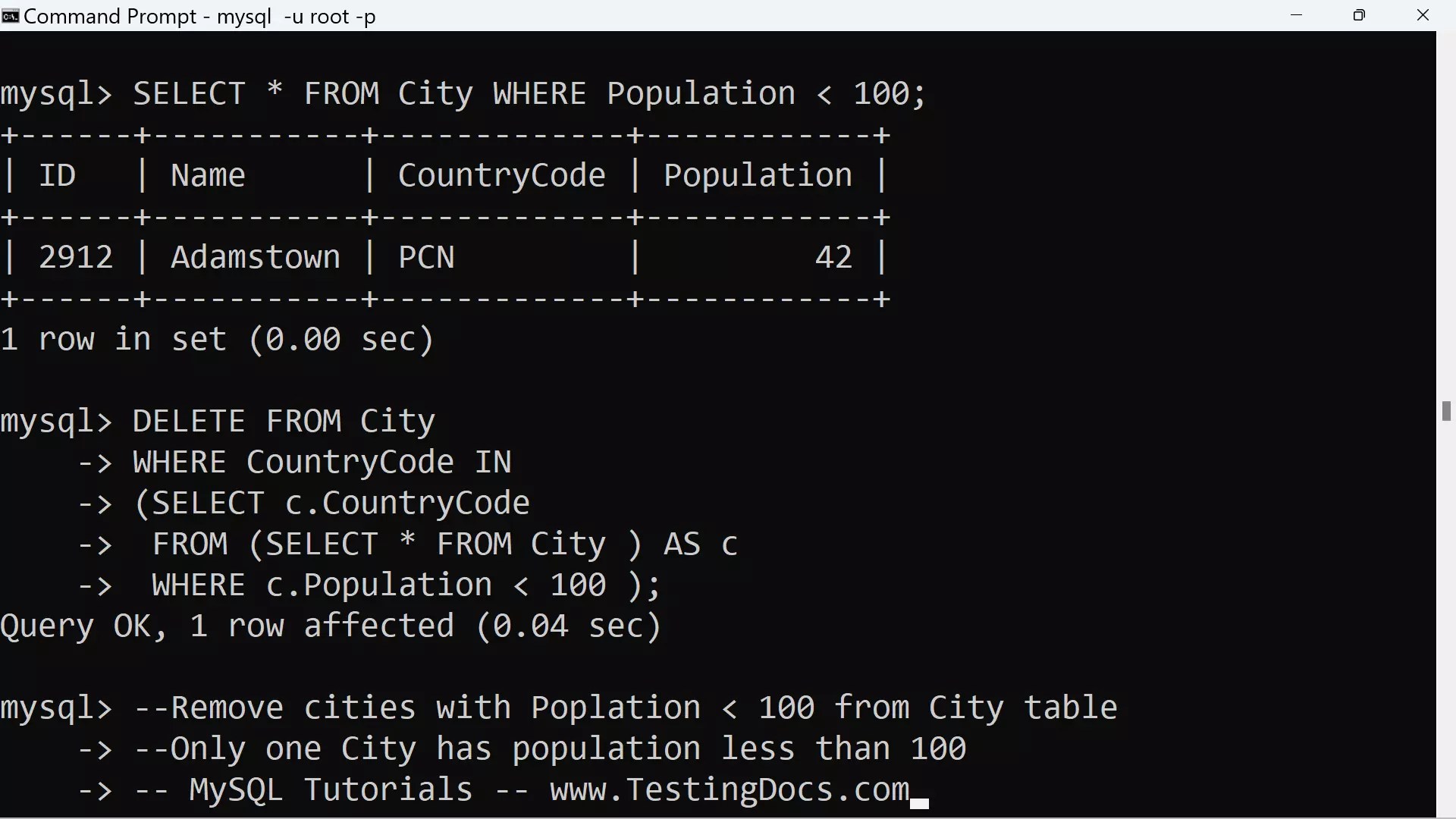 Delete rows in a table using Subquery