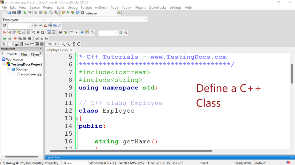 Define a C++ Class in CodeBlocks IDE