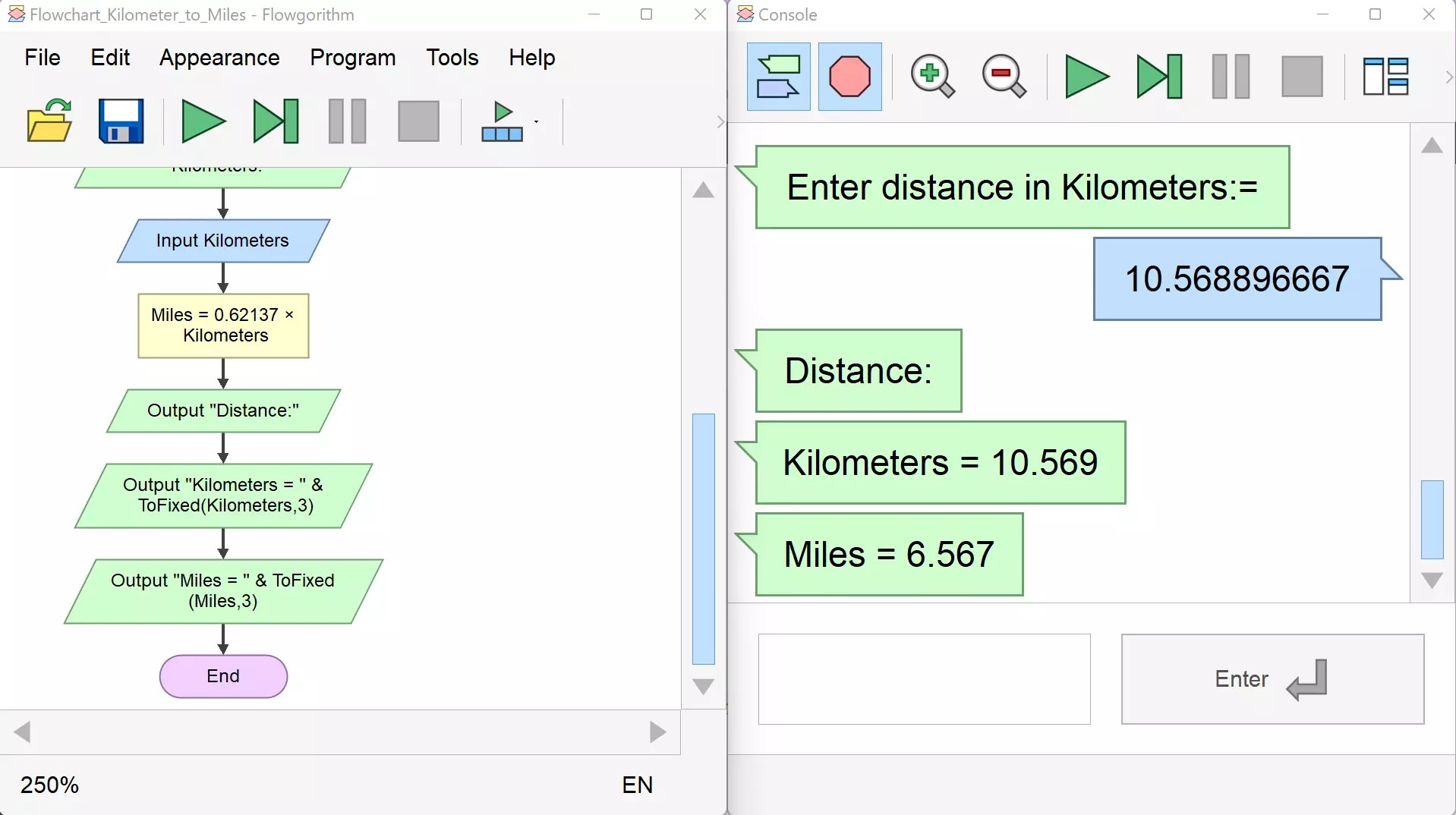 Flowchart Kilometers to Miles