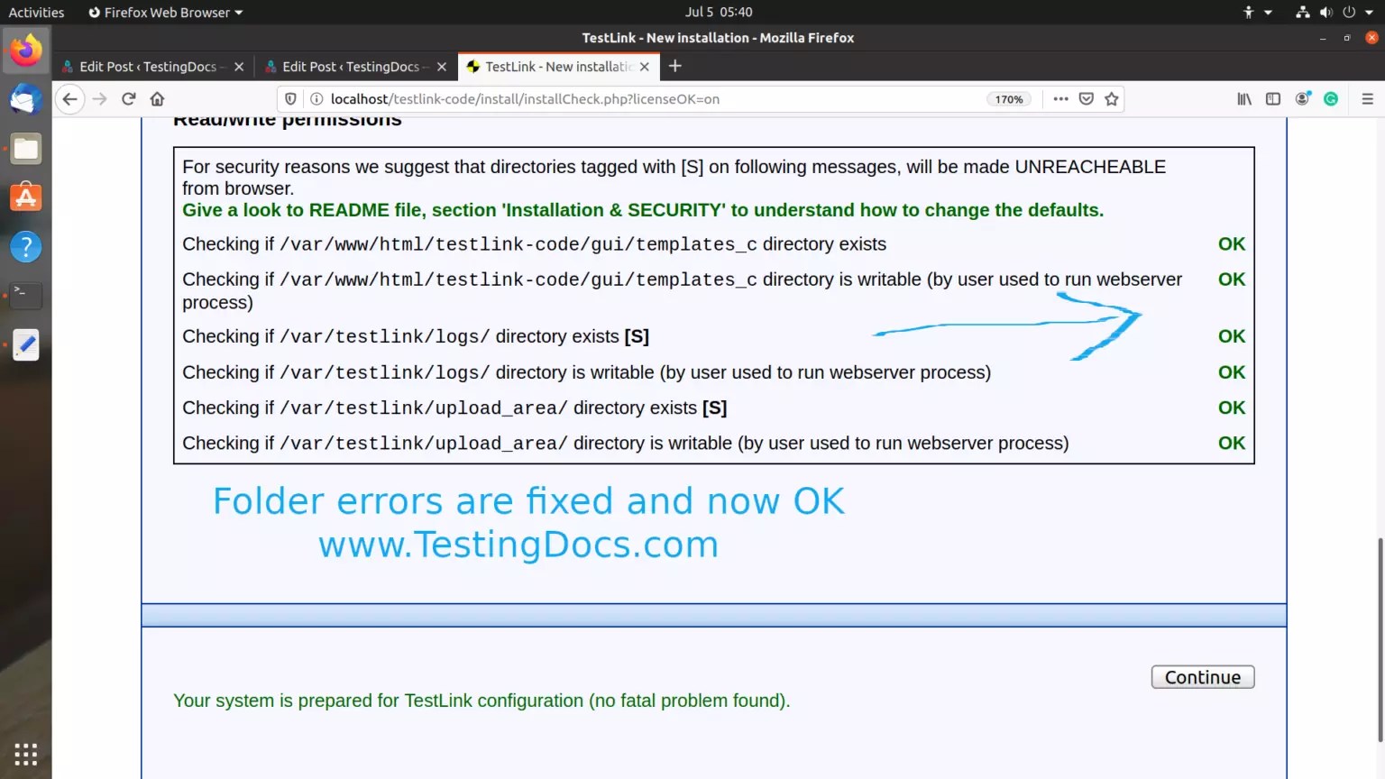 How to fix read/write permissions Failed! error during TestLink Install