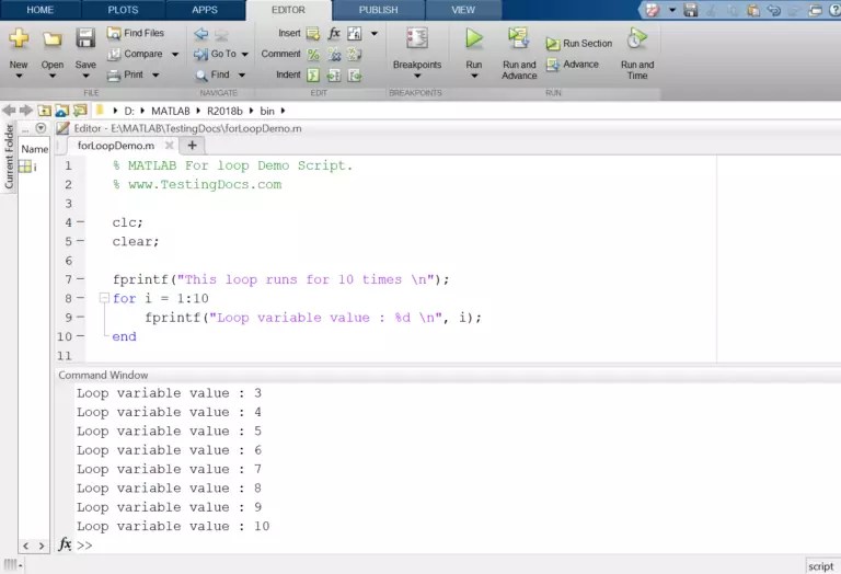For Loop Example in MATLAB