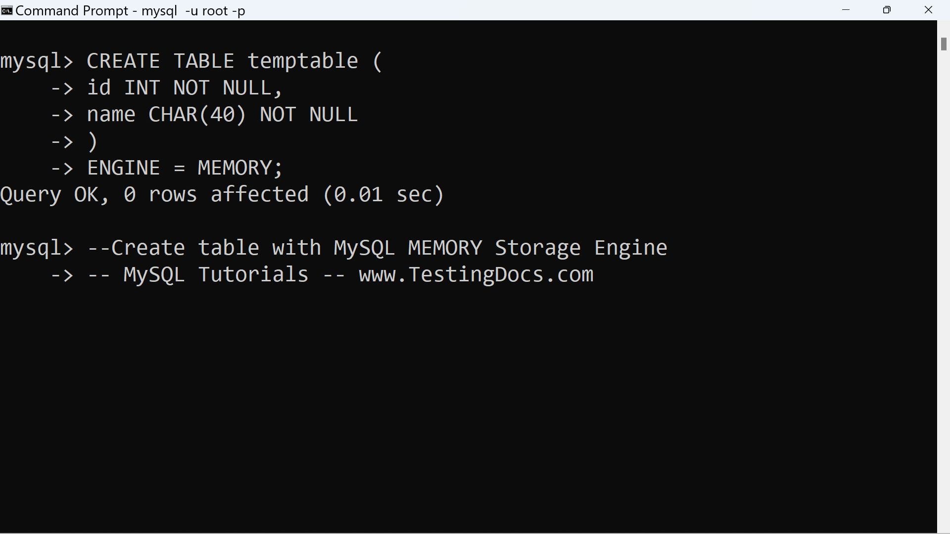 MySQL MEMORY Storage Engine