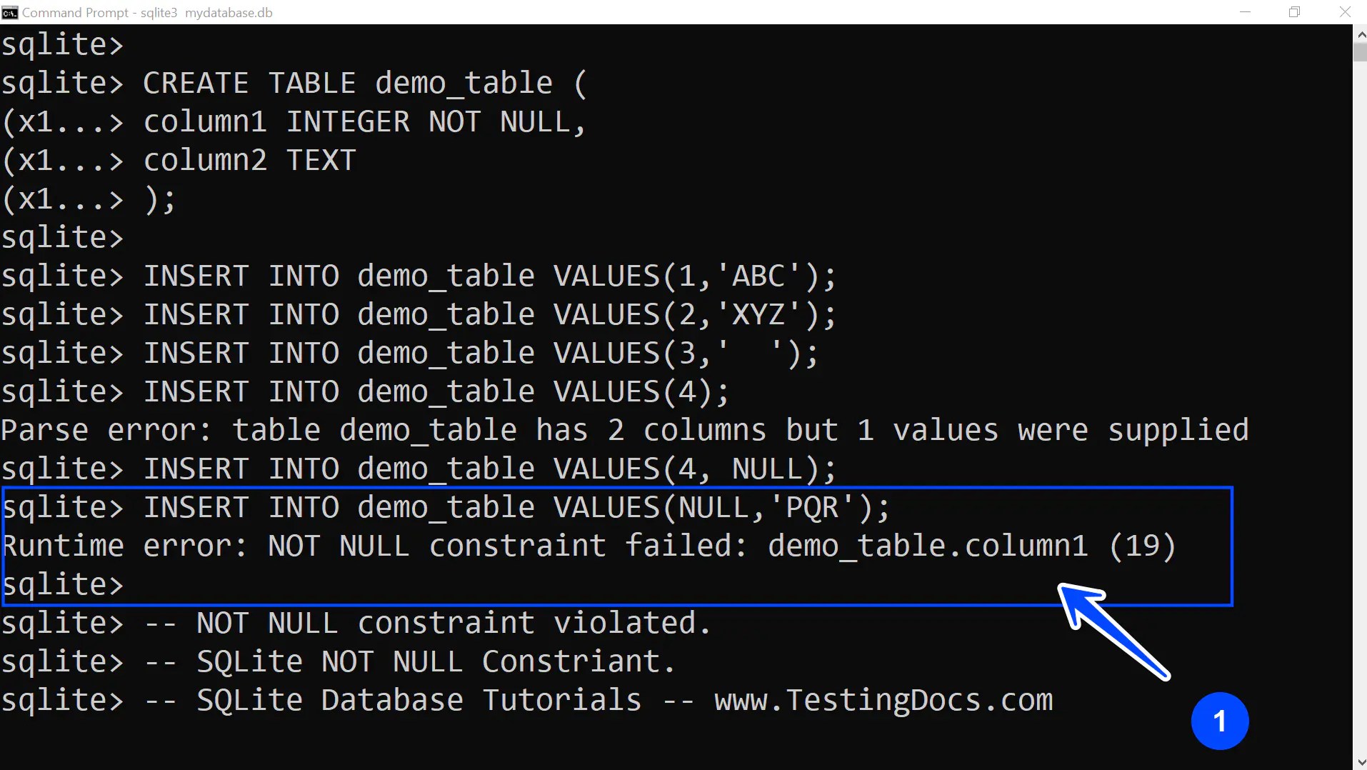 SQLite NOT NULL Constraint