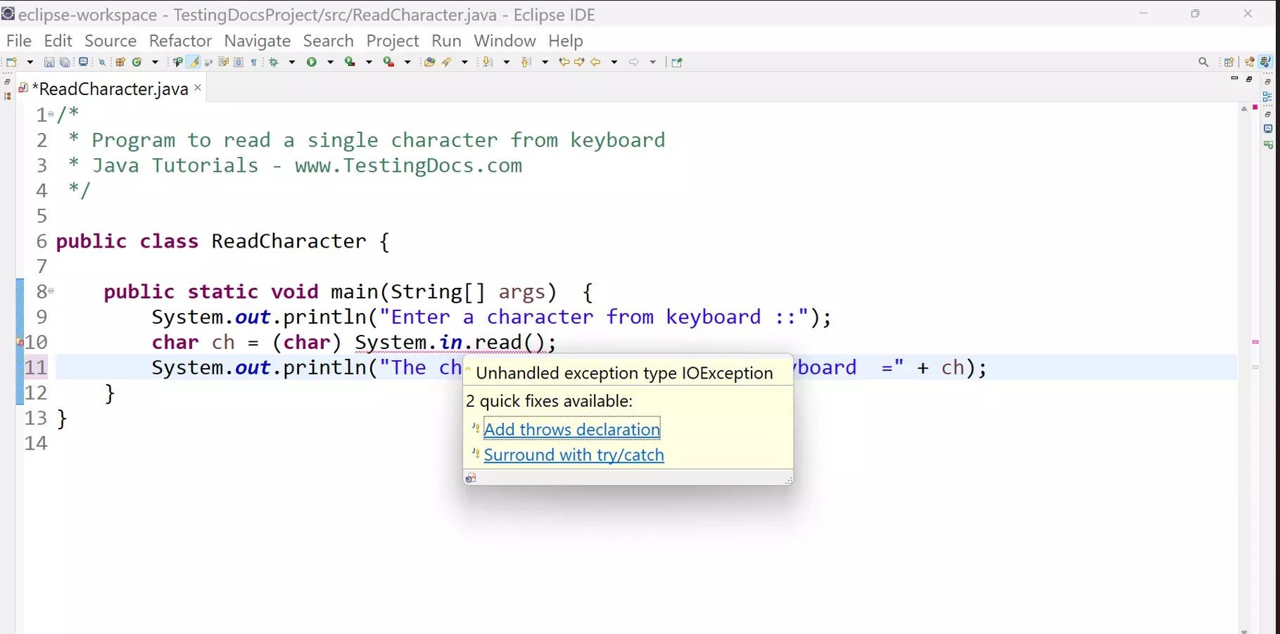 Java Program to read a character