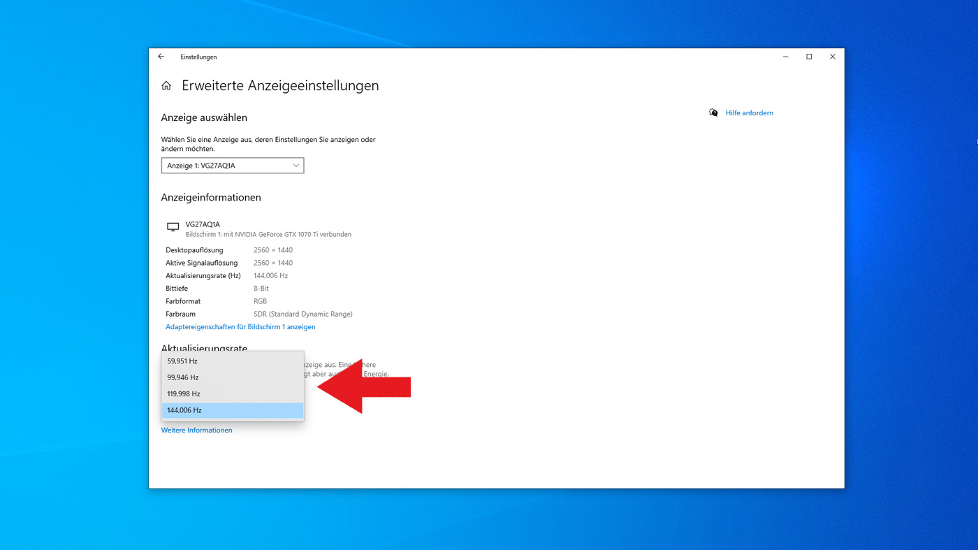 Monitor auf 144Hz stellen Anleitung Windows 10 Testventure