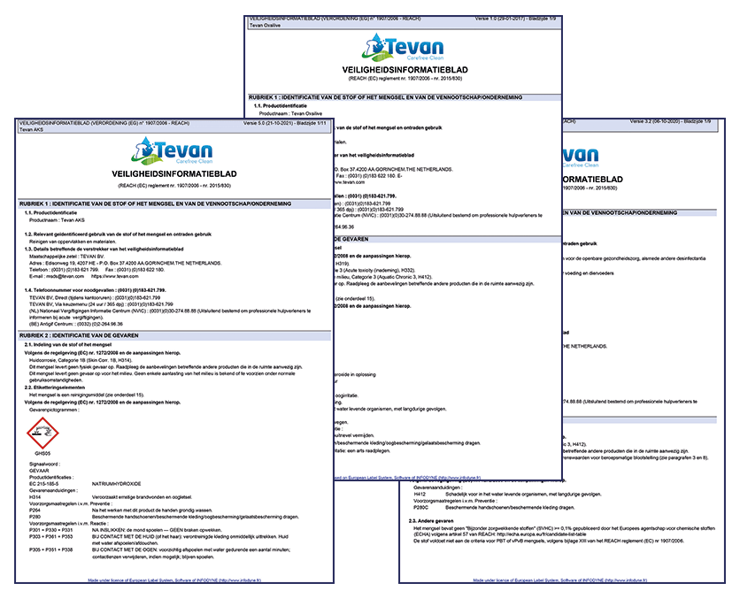 Wat staat er in een veiligheidsinformatieblad Tevan Carefree Clean