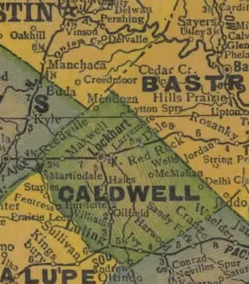 Caldwell County Texas history, town list, courthouse, vintage maps.