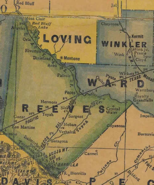 Reeves County TX history, towns, courthouse, vintage maps.