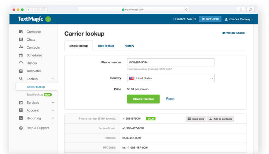 Phone Carrier Lookup Service TextMagic