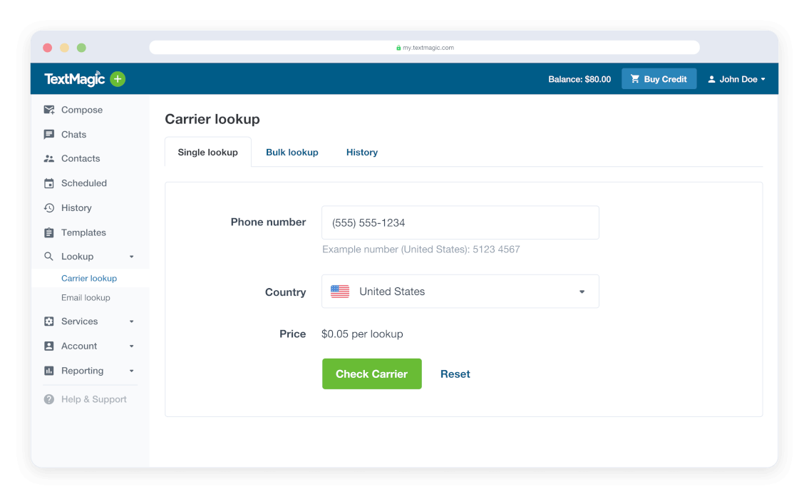 Phone Carrier Lookup Service TextMagic