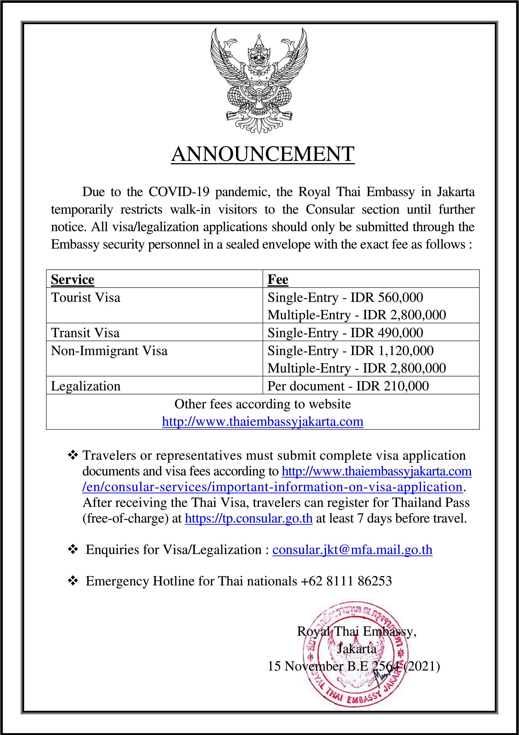 Important Information On Visa Application And Thailand Pass - สถานเอกอัครราชทูต ณ กรุงจาการ์ตา