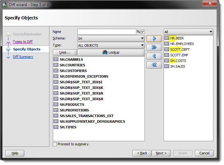 SQL Developer Database Diff Compare Objects From Multiple Schemas