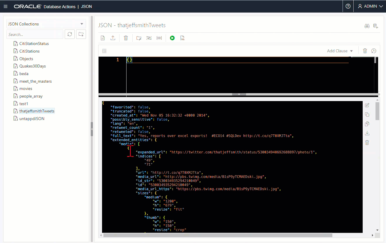 Browsing JSON Docs with SODA Filters in SQL Developer 