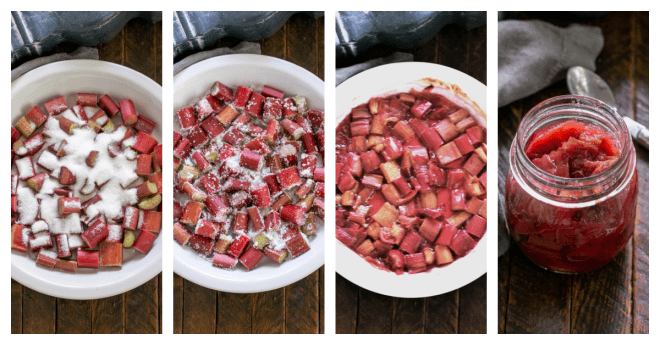 Process shots of making rhubarb compote