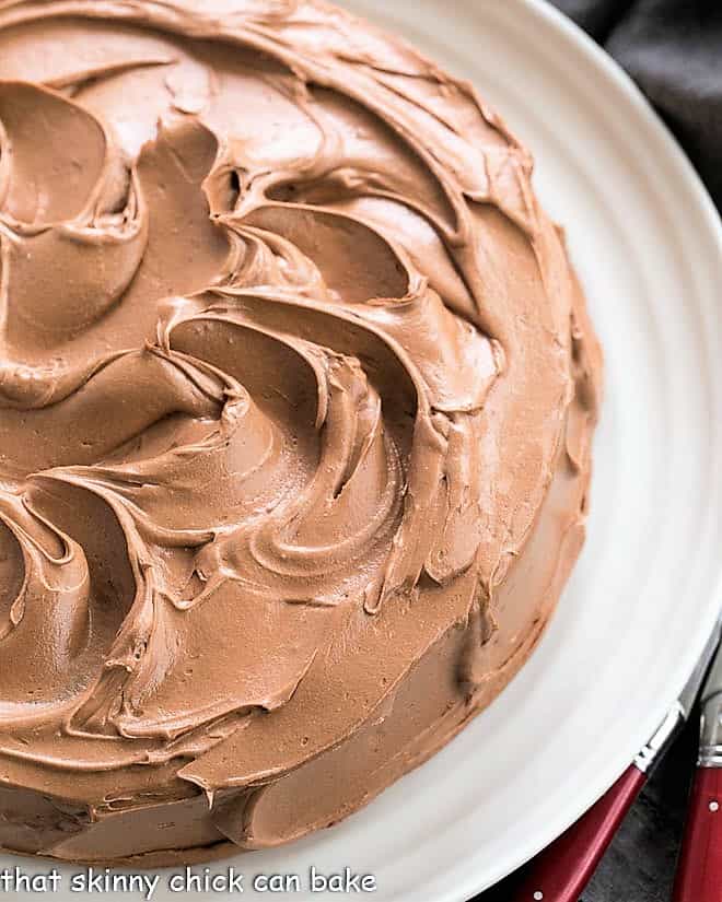 A moist and tender one layer mocha cake with an exquisite, silky chocolate Swiss Meringue Buttercream Frosting Overhead view of a one layer mocha cake on a white serving plate.