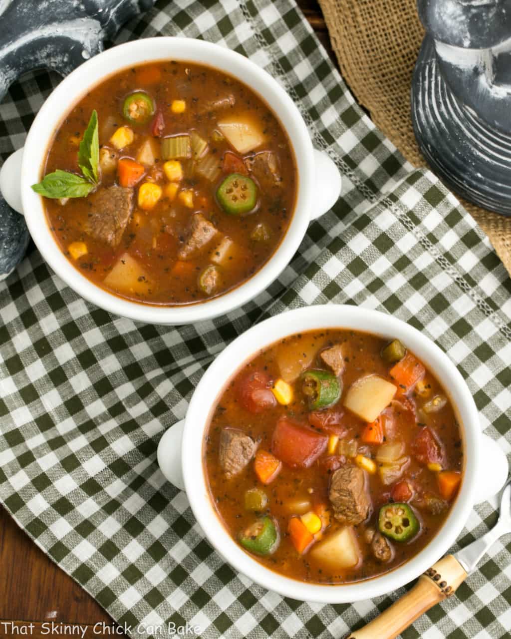 Beef & Vegetable Soup - A healthy soup recipe chock full of vegetables and lean beef Overhead view of two bowls of vegetable beef soup.