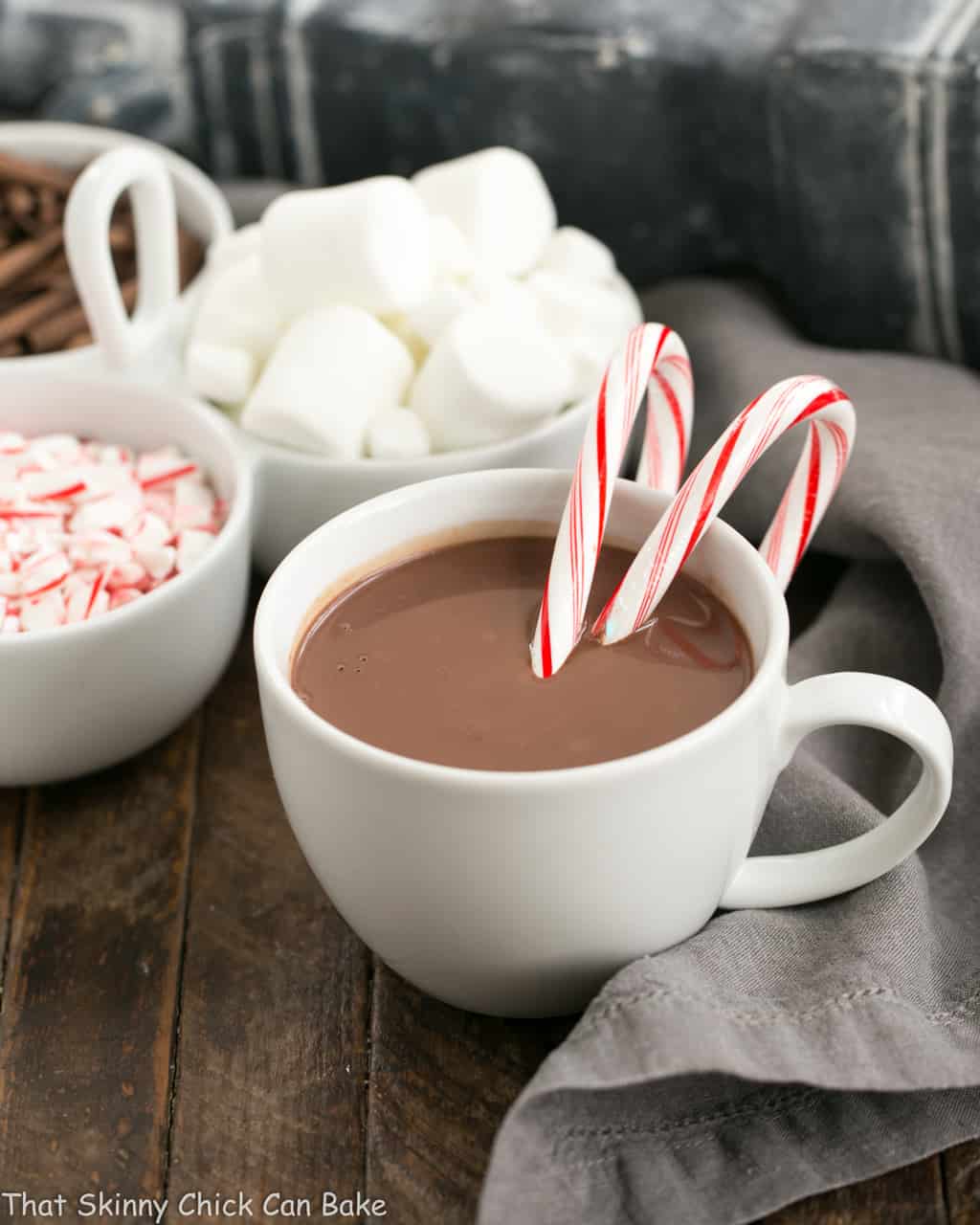Easy Peppermint Hot Chocolate - Rich, silky cocoa with a peppermint twist! Easy Peppermint Hot Chocolate in a white mug.