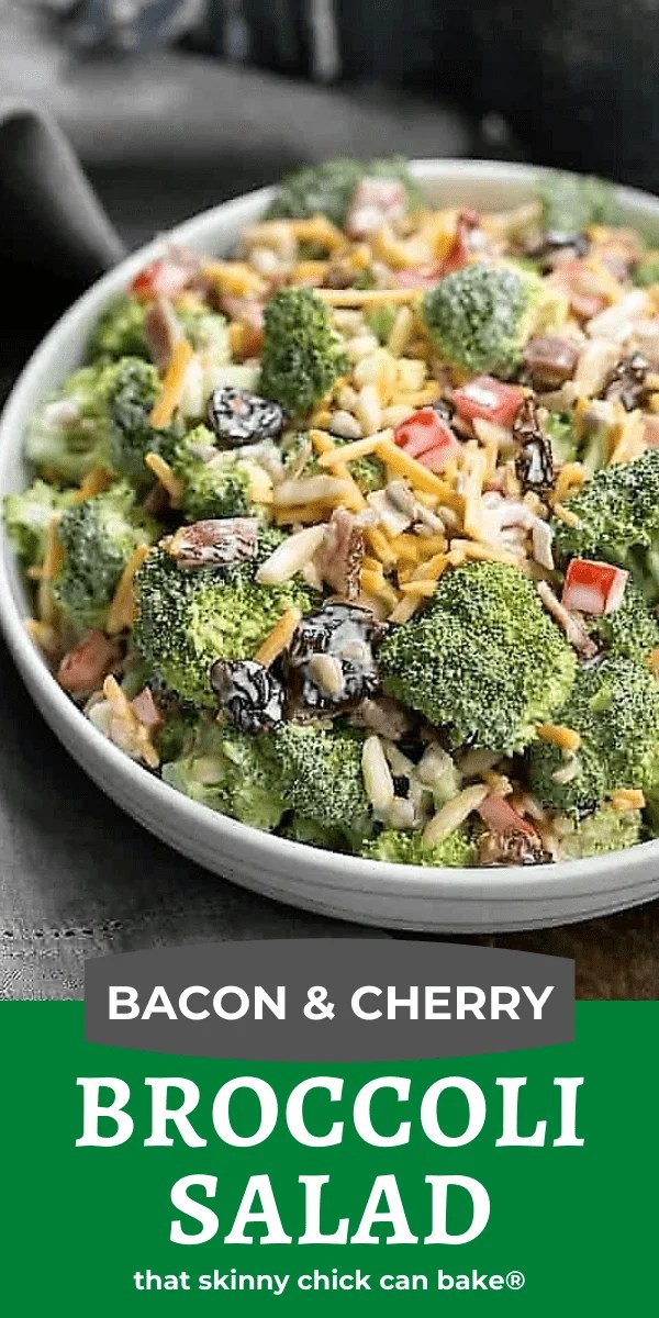 Broccoli Salad with Bacon and Dried Cherries - A classic picnic and potluck salad made even tastier with dried cherries and bacon! It will be the side dish to disappear!!! Broccoli Salad photo and text collage.