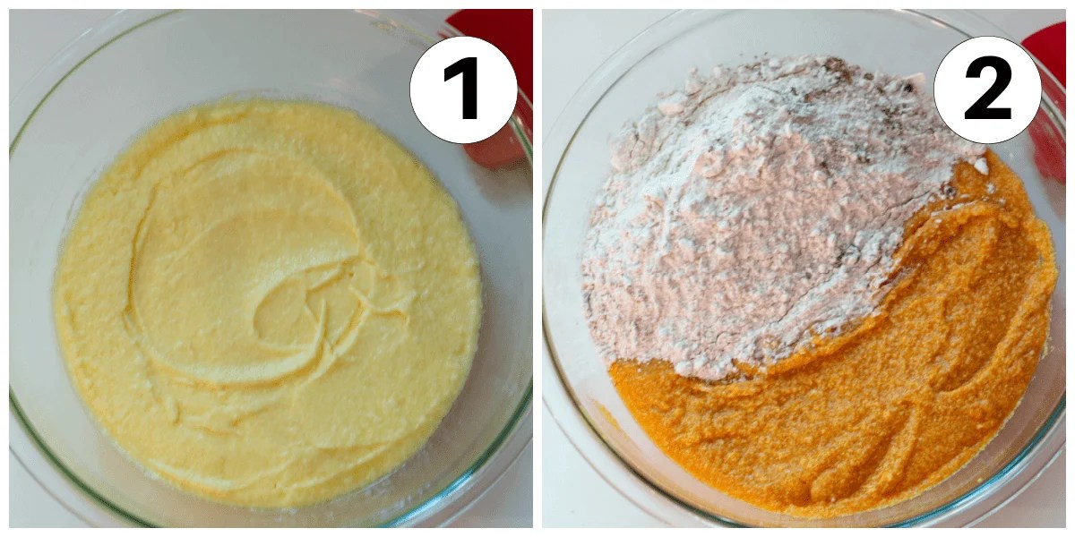Numbered process shot of pumpkin bar batter with wet ingredients and with dry ingredients in bowls.