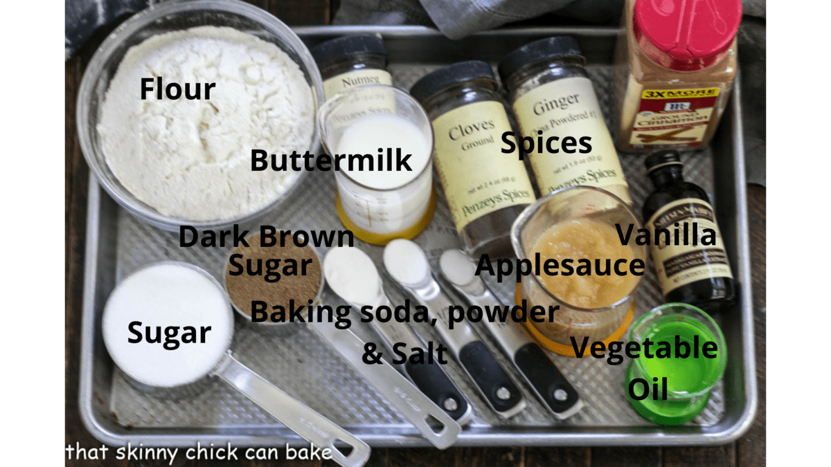 Tray of labeled ingredients for a spice cake.