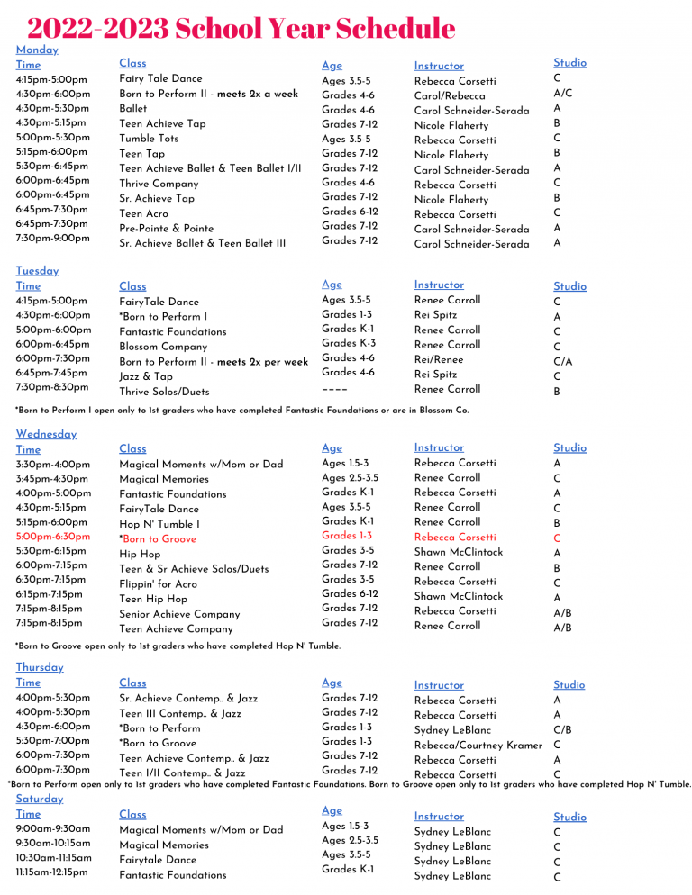 movement 2023 schedule 20222023 School Year Schedule The Movement Center Dance Studio