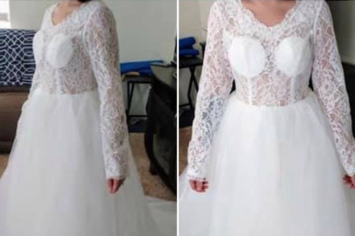 Bridetobe savaged for selling her ‘hot mess’ lace wedding gown which has massive pads over the