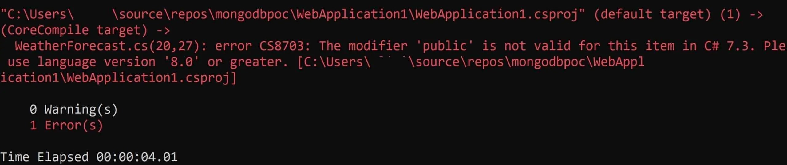 Resolved The modifier is not valid in C. Use language version and