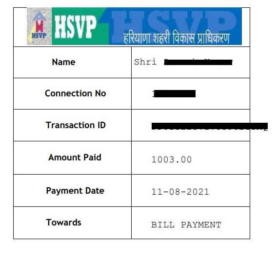 HUDA, HSVP Water Bill Payment Online Download Receipt